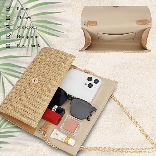 Vista 5 de Kseymeir Bolso de mano de paja para el hombro, bolso cruzado tipo sobre, bolso de rafia para verano, playa, viajes, moda 2026 Straw, Summer, Khaki