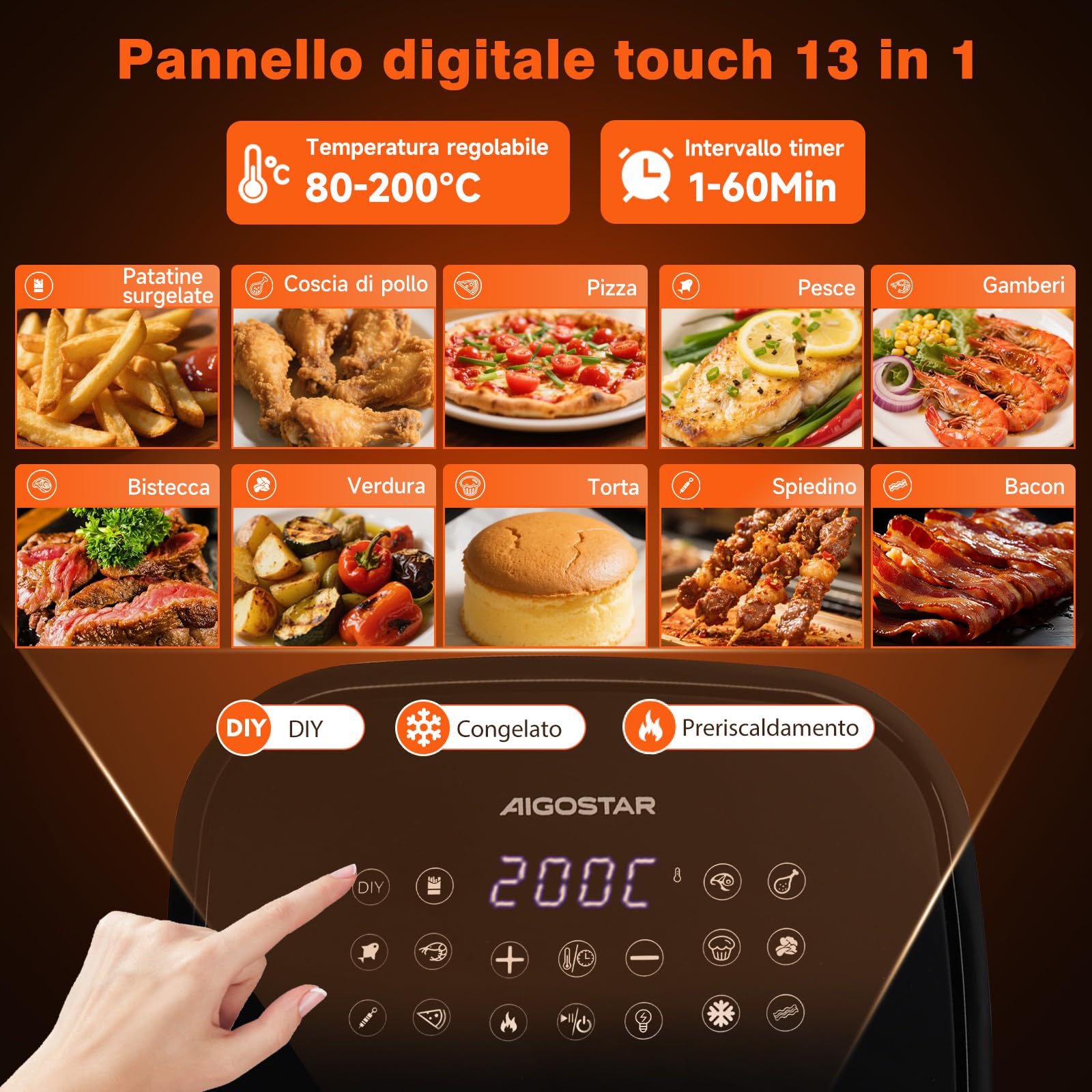 Aigostar Friggitrice ad Aria XXL 8,8 Litri, Air Fryer Doppia Resistenza, Risparmio Energetico 55%, 13 Programmi, Interno Acciaio Inox, Touchscreen & Finestra, Comunità Ricette, BPA FREE