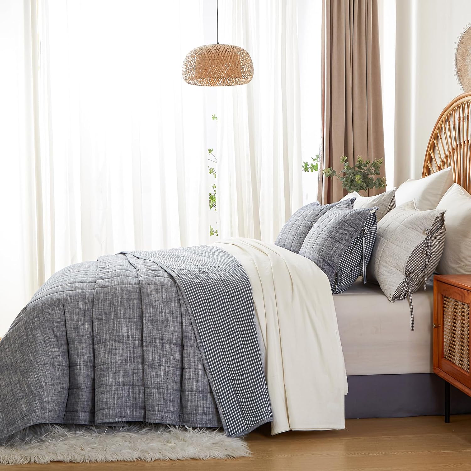 Navy Quilts Queen Size, Cotton Bedspreads Queen Size,3-Pieces Queen Quilt Set with Blue Stripe Bedding Coverlet Light Weight Quilted Blanket with 2 Pillow Shams - Image 3