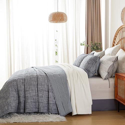 Miniatura 3 de Colchas de algodón tamaño Queen de color azul marino, juego de edredón de 3 piezas con rayas azules, manta acolchada ligera con 2 fundas de almohada