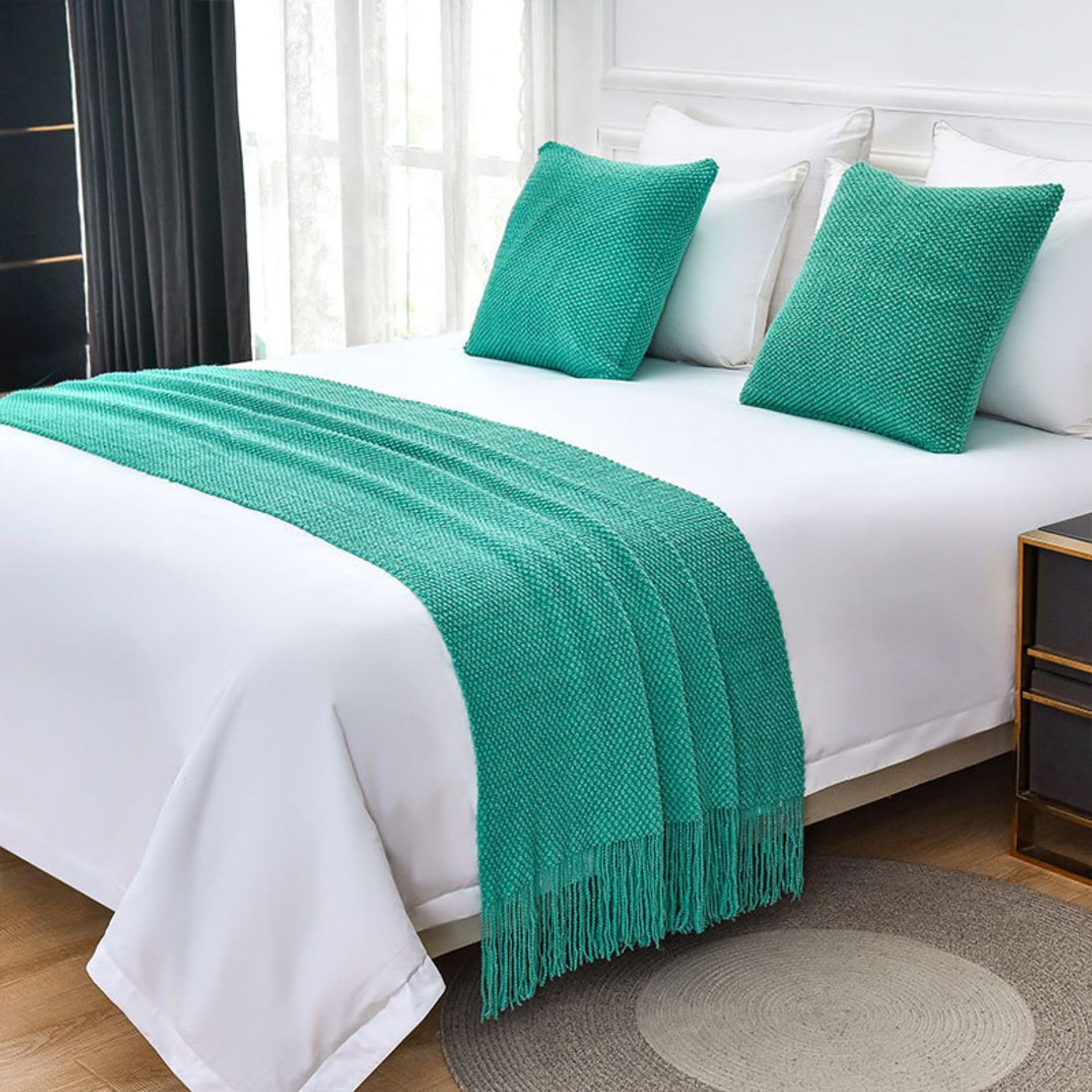 LEEMQCYA Bed Runners & Scarves Blue Green Bed End Towel for Foot of Bed Throw Blanket Bedroom Bedspread Protection Hotel Bed Scarf for Living Room Wedding Dormitory Decor, Double/King/Queen