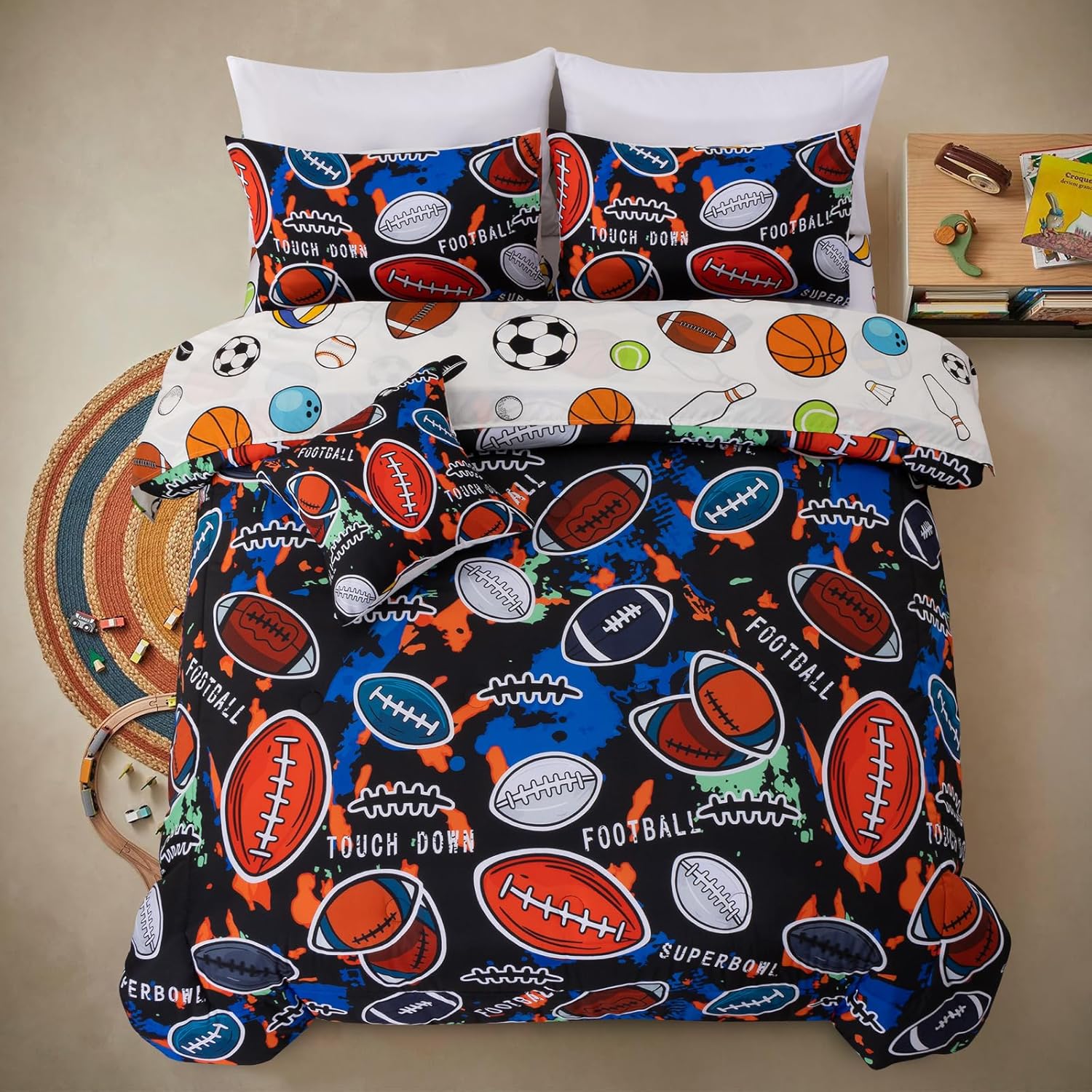 A Nice Night 6Pcs Bed in A Bag Twin Sports Comforter Set, Camouflage Patterns of Rugby Bedding Collections,for Boys Kids Teen,Red Black