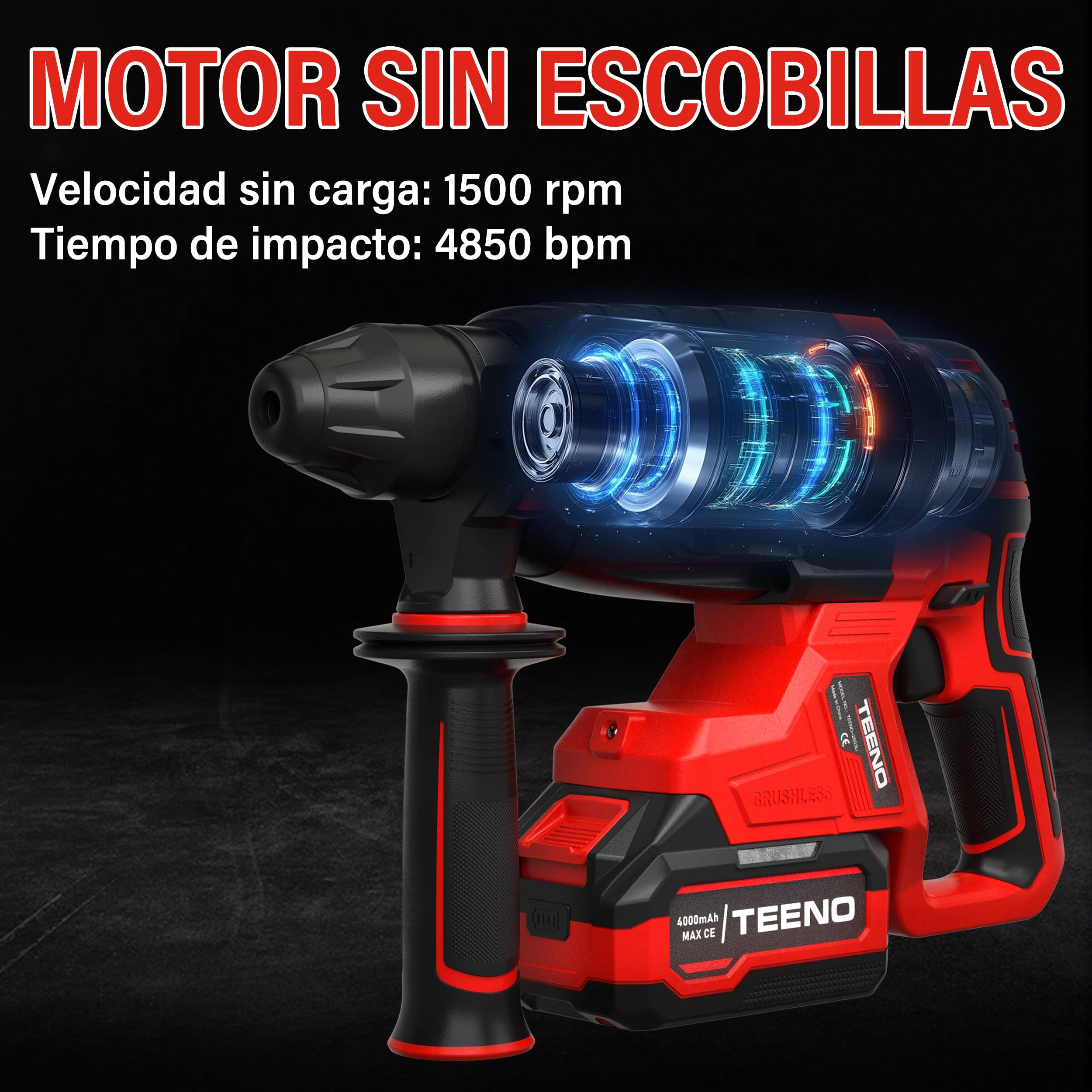 Martillo Perforador a Batería 20V sin Escobillas, 2.6J,1500RPM,4850BPM, SDS-Plus, 2×4.0Ah Baterías y Cargador, Martillo Percutor con LED, Empuñadura Antivibración y Maletín con 8 Accesorios