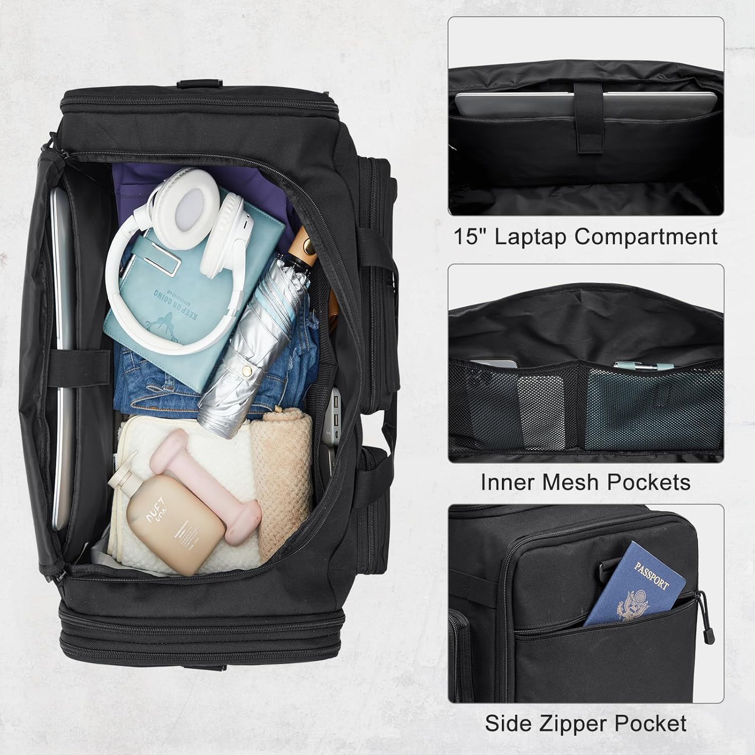 G4Free 3-in-1 Duffle Bag for Travel, Large Gym Duffle Backpack for Men Women with Shoes Compartment and Wet Pocket, Black