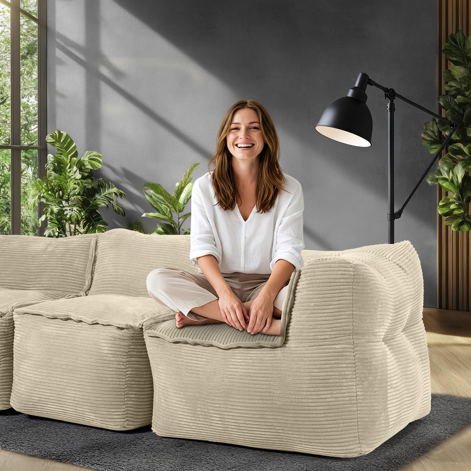 LUMALAND Ensemble modulaire basique en velours côtelé - Canapé avec fauteuil et pouf - 5 sacs d'intérieur avec rembourrage - Canapé modulaire avec perles EPS - Coussin d'assise XXL pour salon, chambre