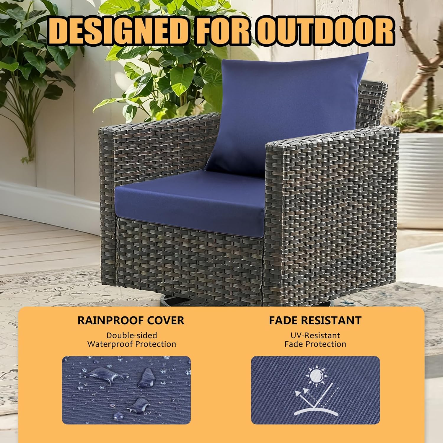 Outdoor Seat Cushion Set 19 x 19 x3 in Water-Resistant & Fade-Resistant Patio Furniture Cushions with Removable Cover Deep Seat & Back Cushion with Handle and Adjustable Straps-Blue