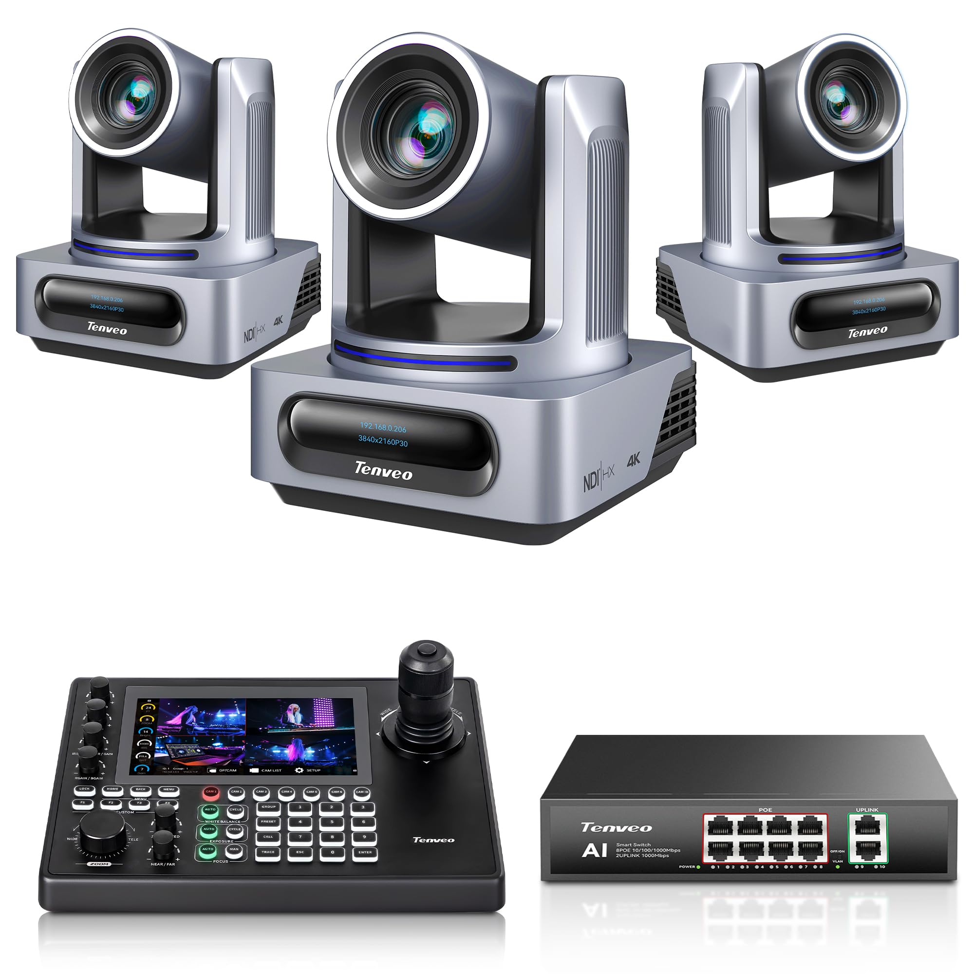Tenveo Kit Caméras PTZ et Contrôleur 3 Caméras PTZ NDI 4K avec Suivi Auto IA 20X (SDI/HDMI/USB3.0/LAN PoE) et Contrôleur Joystick 4D avec Écran Tactile 7" Quad-View, Switch PoE pour Live Streaming