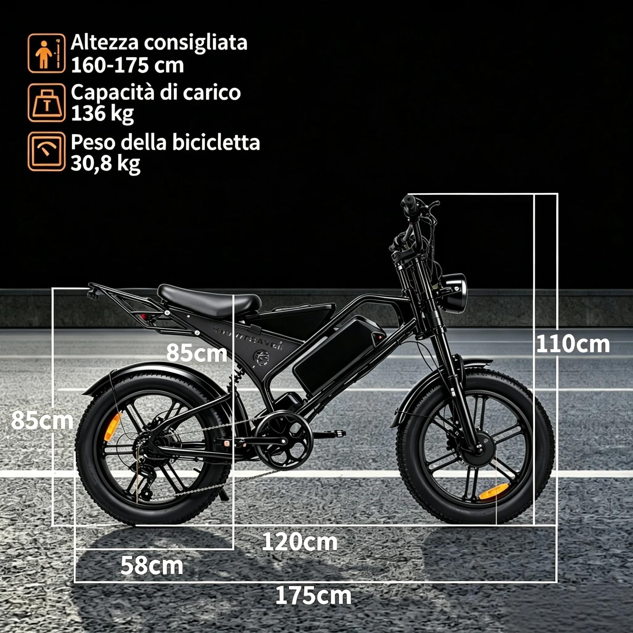 La bici elettrica DK400Max è dotata di due motori, una batteria rimovibile da 48 V 20Ah e pneumatici fuoristrada a sospensione completa da 20×4 pollici, che la rendono adatta a tutti i tipi di terr