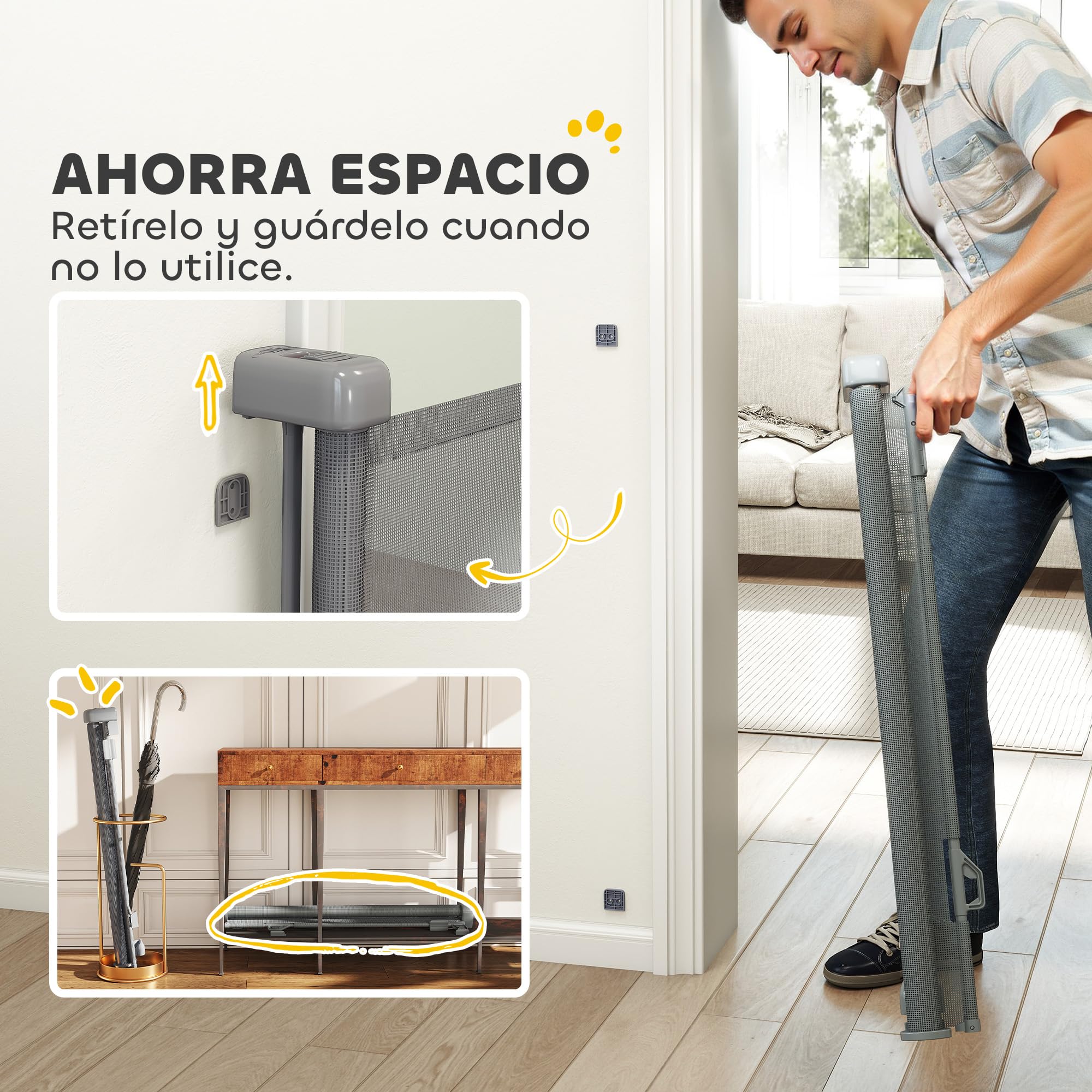 PawHut Barrera de Seguridad para Perros Retráctil, Extensible hasta 140 cm de Ancho y 93 cm de Alto, para Escaleras y Puertas, Valla para Perros Pequeños y Medianos, Uso con Una Sola Mano, Gris — view 8