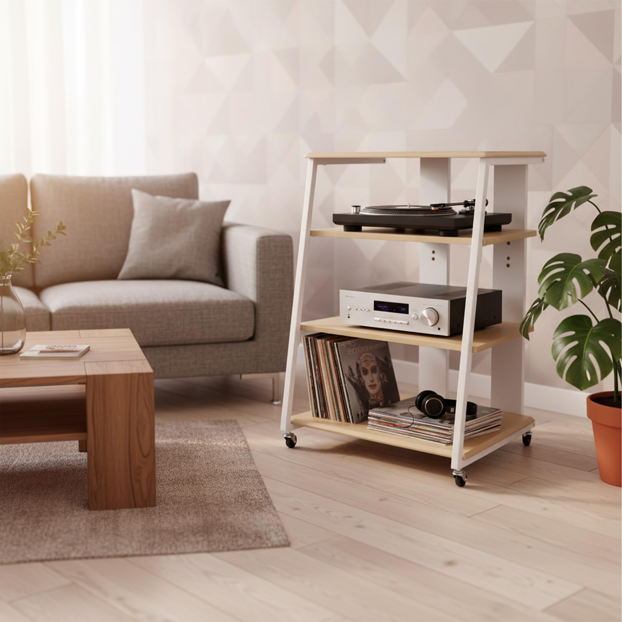 Relaxdays HiFi Rack, 4 Ripiani, per Giradischi/Stereo, Metallo/MDF, 78x61x52 cm, Mobile multimediale, Naturale/Bianco