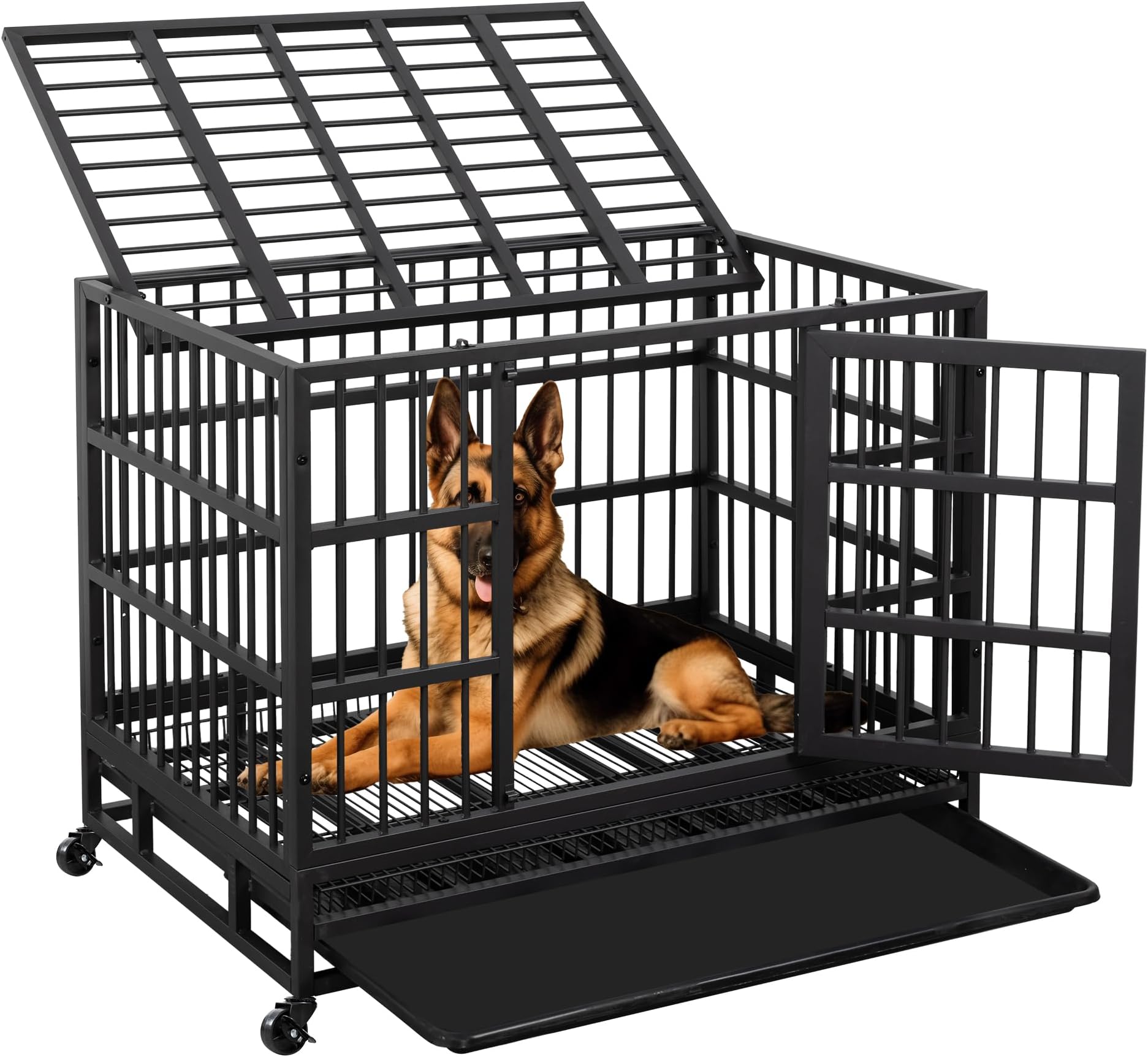 JY QAQA 38 Inch Heavy Duty Indestructible Dog Crate Double Doors Escape Proof Cage Kennel,Enhanced Metal Pet Cage,Extra Large Crate Indoor for Large Dog with Removable Tray and Lockable Wheels