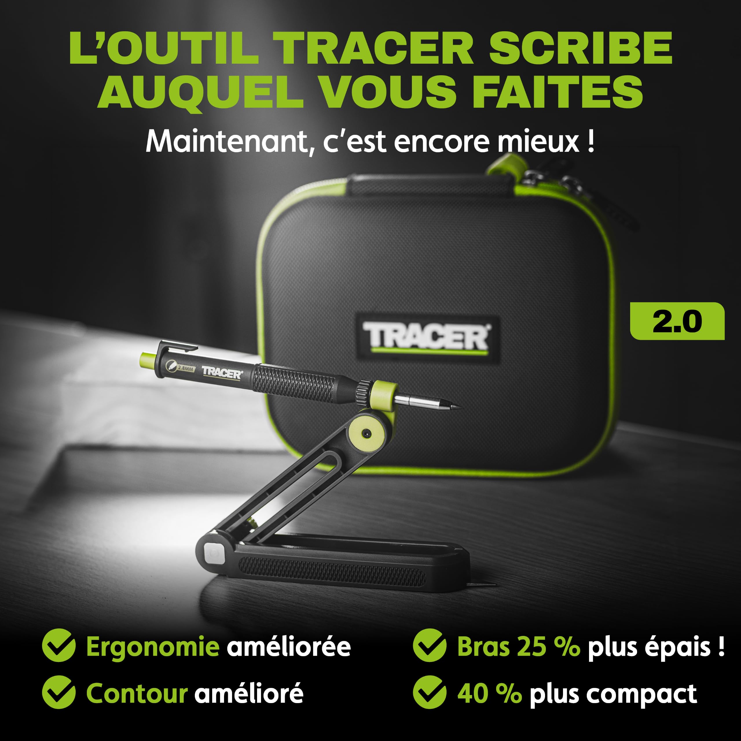 TRACER TrueScribe Outil de Traçage avec Crayon de Chantier, Étui & 12 Mines – Porte‑Mine Chantier pour Menuisiers