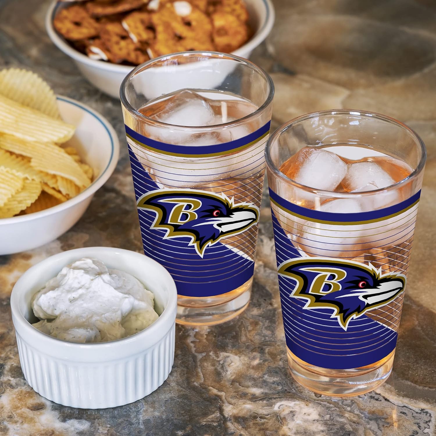 Rico Industries NFL Football Main 16 oz Pint Glasses with Digitally Printed Logo, Practical Set of 2 Classic Drinking Glasses, Dishwasher Safe | NFL Football, Main, Practical Set of 2, Dishwasher Safe