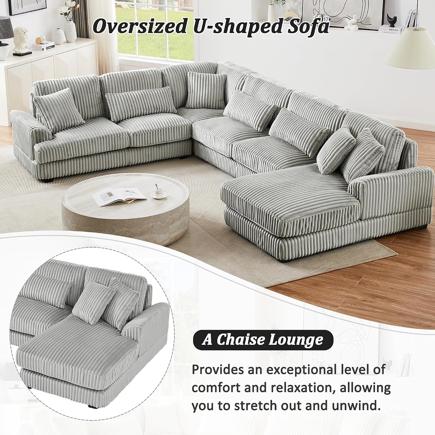 Yoglad 129’’ U Shaped Corner Sectional Couch, 5 Seat Oversized Furry Corduroy Sofa, Large Furniture with Chaise Lounge Furniture for Apartment Living Room (Grey)
