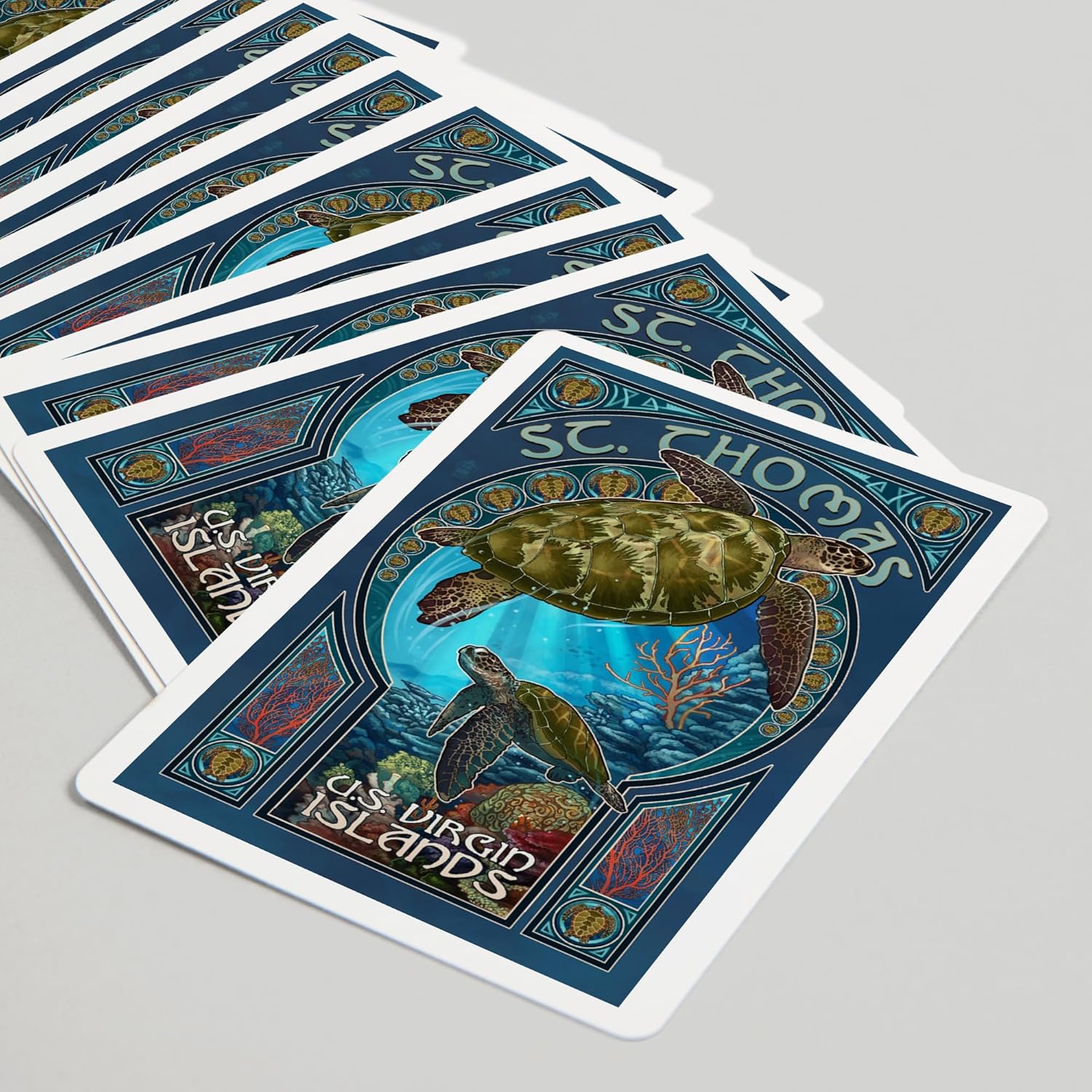 Lantern Press St. Thomas, U.S. Virgin Islands, Sea Turtle Art Nouveau, 52 Playing Cards for Adults, Poker Size Card Deck