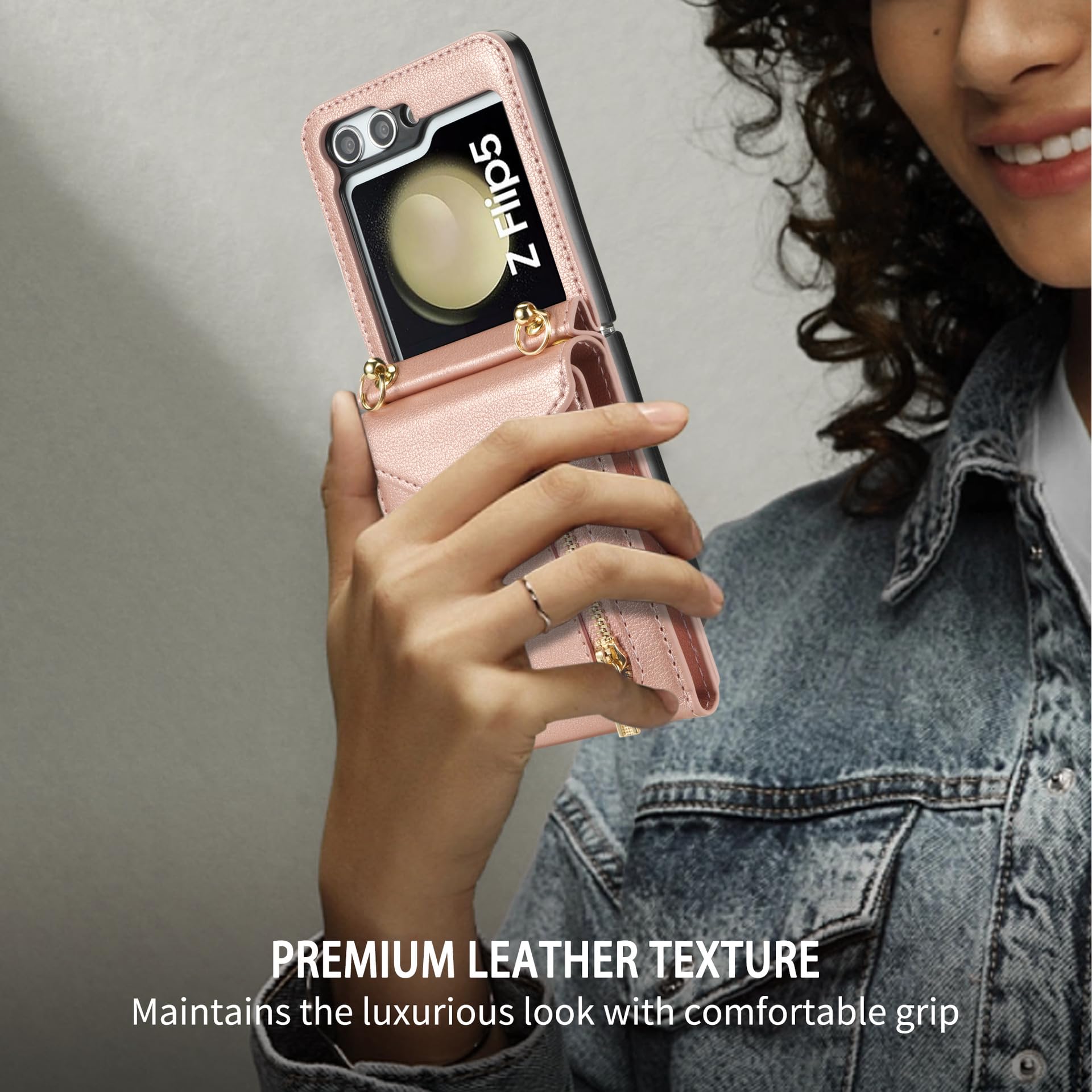 Etui na karty do Samsunga Galaxy Z Flip 5, etui z zamkiem błyskawicznym na ramię, skórzane etui z regulowanym paskiem na ramię, czarne
