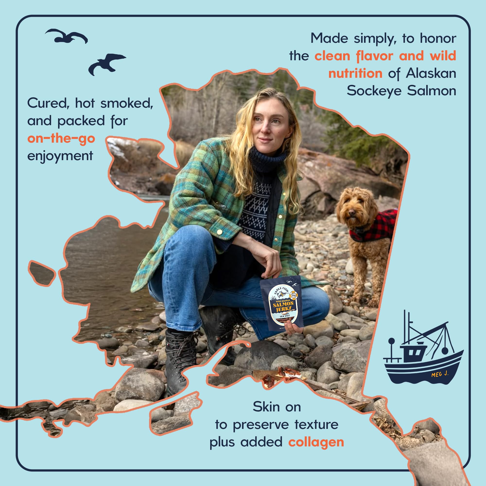 Fable Fish Wild Alaskan Salmon Jerky - Wild Caught Salmon with 31g of Protein - Tasty Fish Jerky with Omega-3s and Natural Source of Collagen - Made with Whole Muscle Sockeye - Sea Salt thumbnail 4