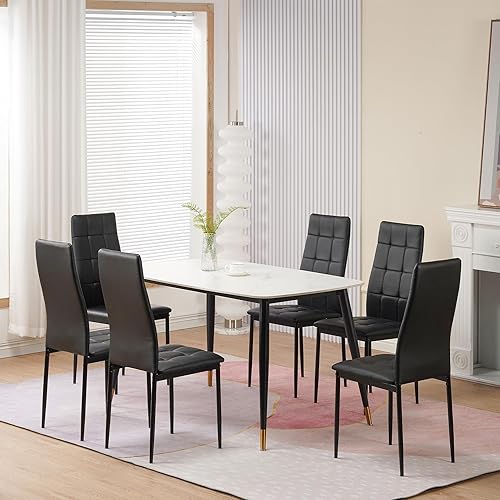 Miniatura 7 de Juego de 6 sillas de comedor, modernas de piel sintética, cómodas y tapizadas, modernas, asientos laterales de metal grueso, sillas de mostrador de