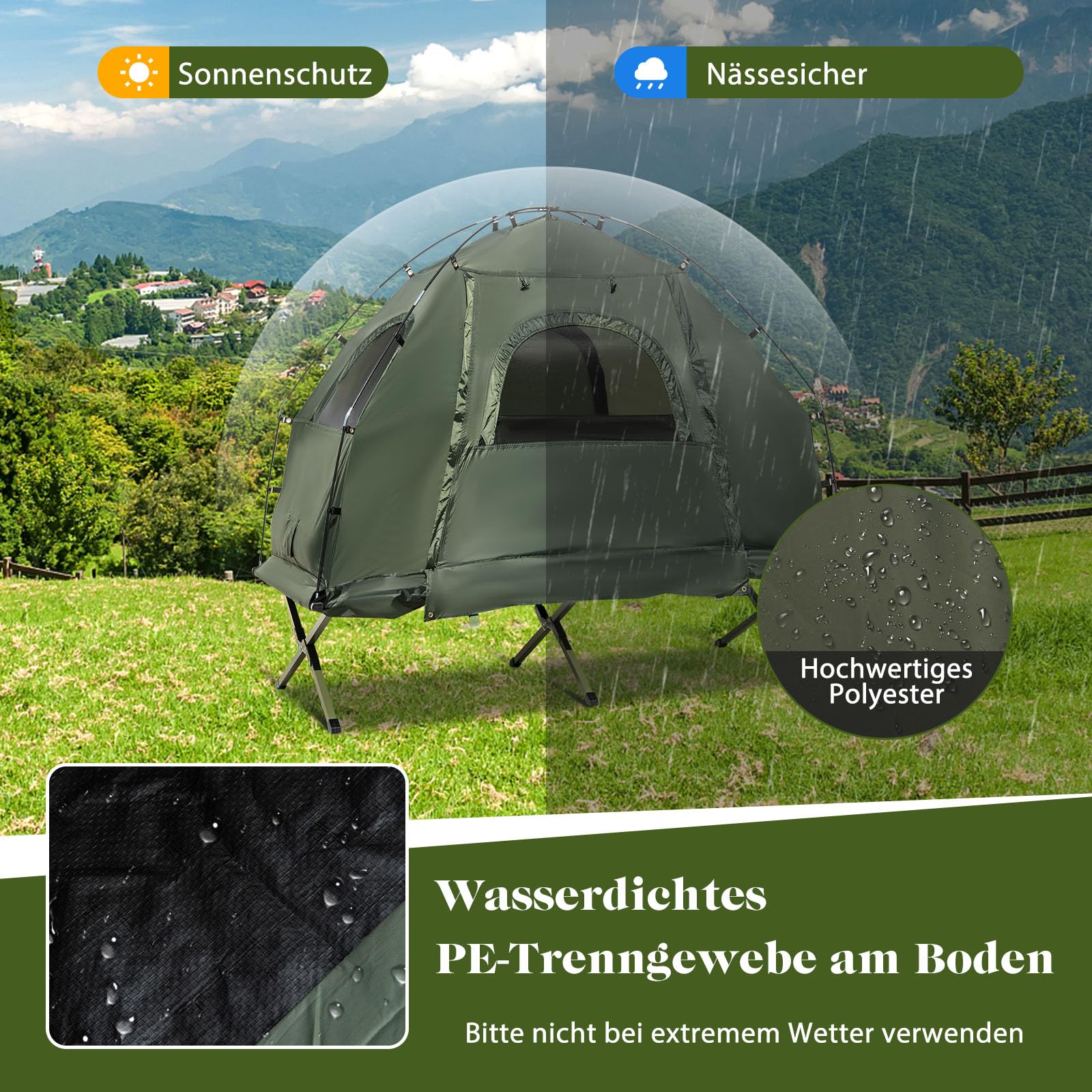 GYMAX Tienda de Campaña con Cama de Campo, Cama de Camping con Saco de Dormir, Colchón de Aire y Almohada, Tienda de Campaña con Protección Solar y Bolsa de Transporte