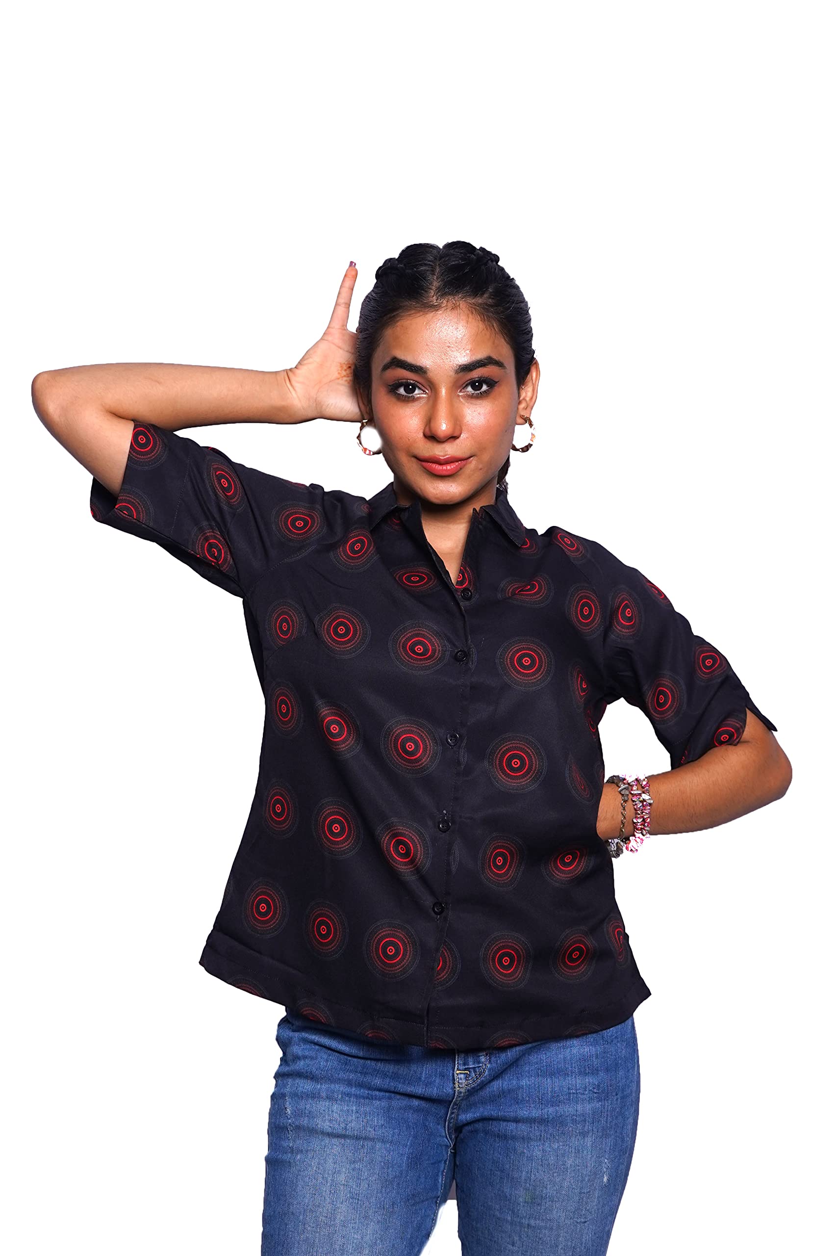 T-HOODWomen's Loose Fit Half Sleeve Spread Collar Printed Casual Graffiti Hype Shirts