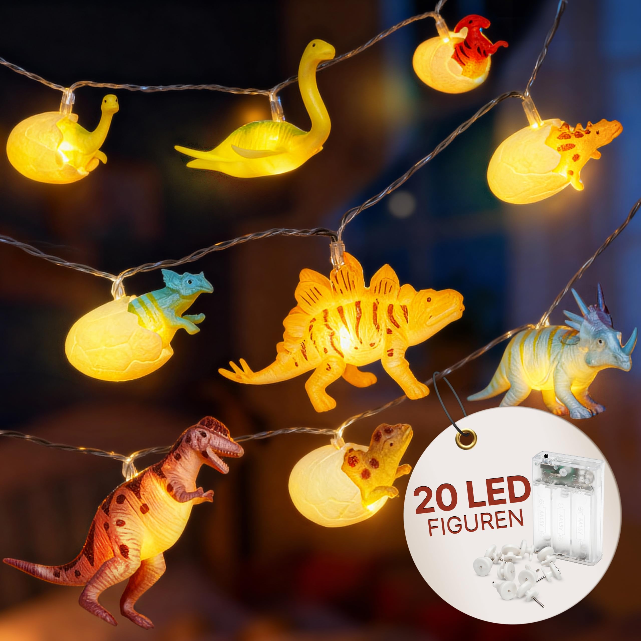 CozyHome Dino Lichterkette Kinderzimmer Deko Junge - 12 LED Figuren & 3m Batteriebetrieben I Bett Hausbett Junge Mädchen Kinder Lichterketten I Deko Kinderzimmer Lichterkette Kinderwagen Dino Laterne