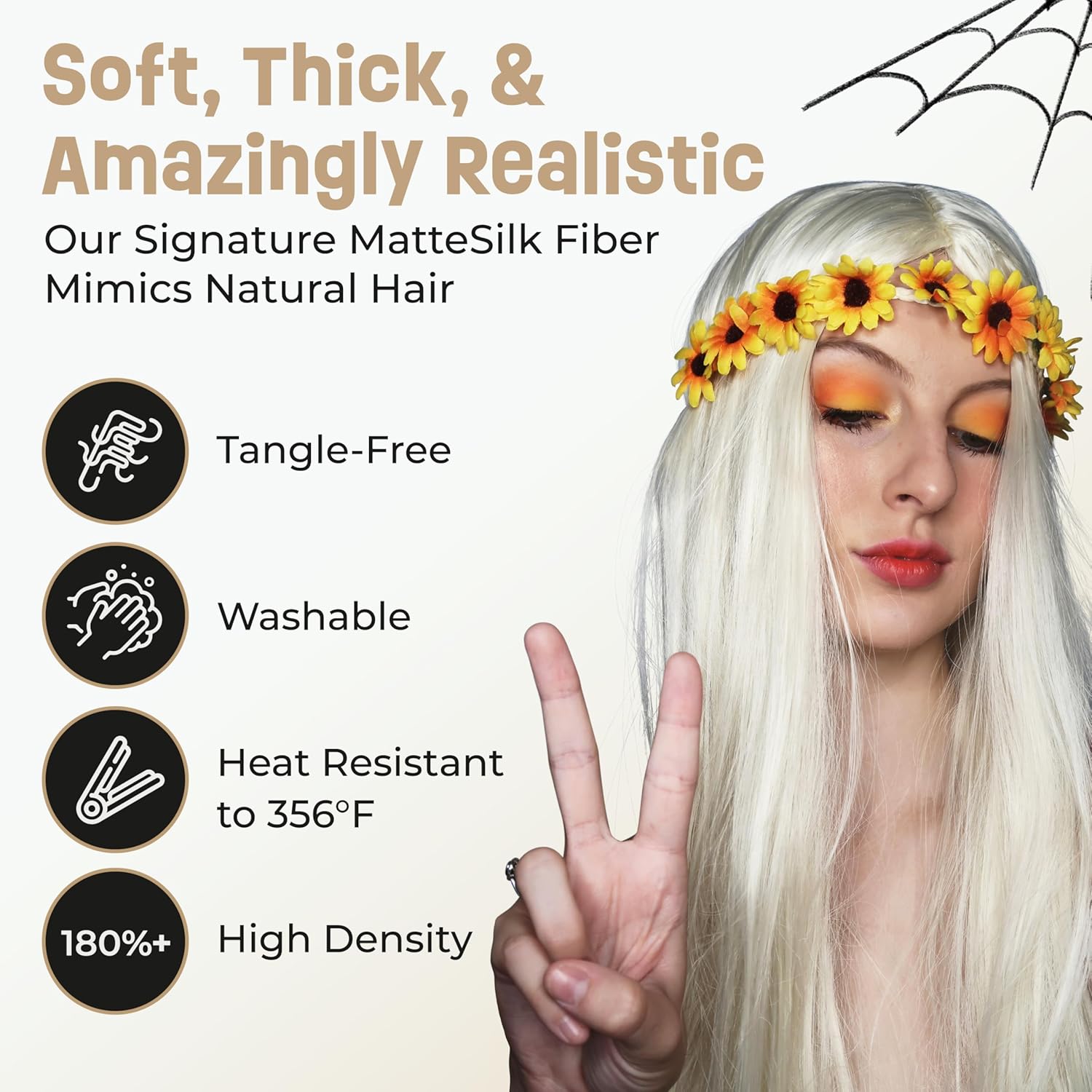 ALLAURA Flower Headband Costume – Hippy Wigs for Women 70s Costume + Removable Flower Headband Wig Long Blonde Wig Hippie Women - Image 4