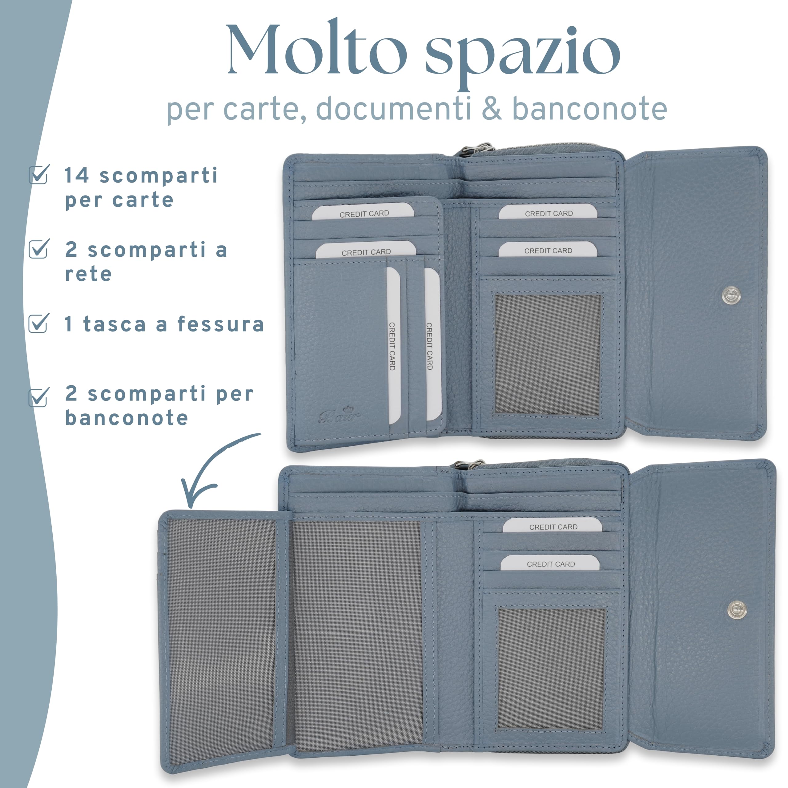 Baur portafoglio da donna – vera pelle con protezione RFID – portafoglio grande con 14 scomparti per carte – chiusura a bottone a pressione & tasca portamonete con cerniera (Blu colomba)