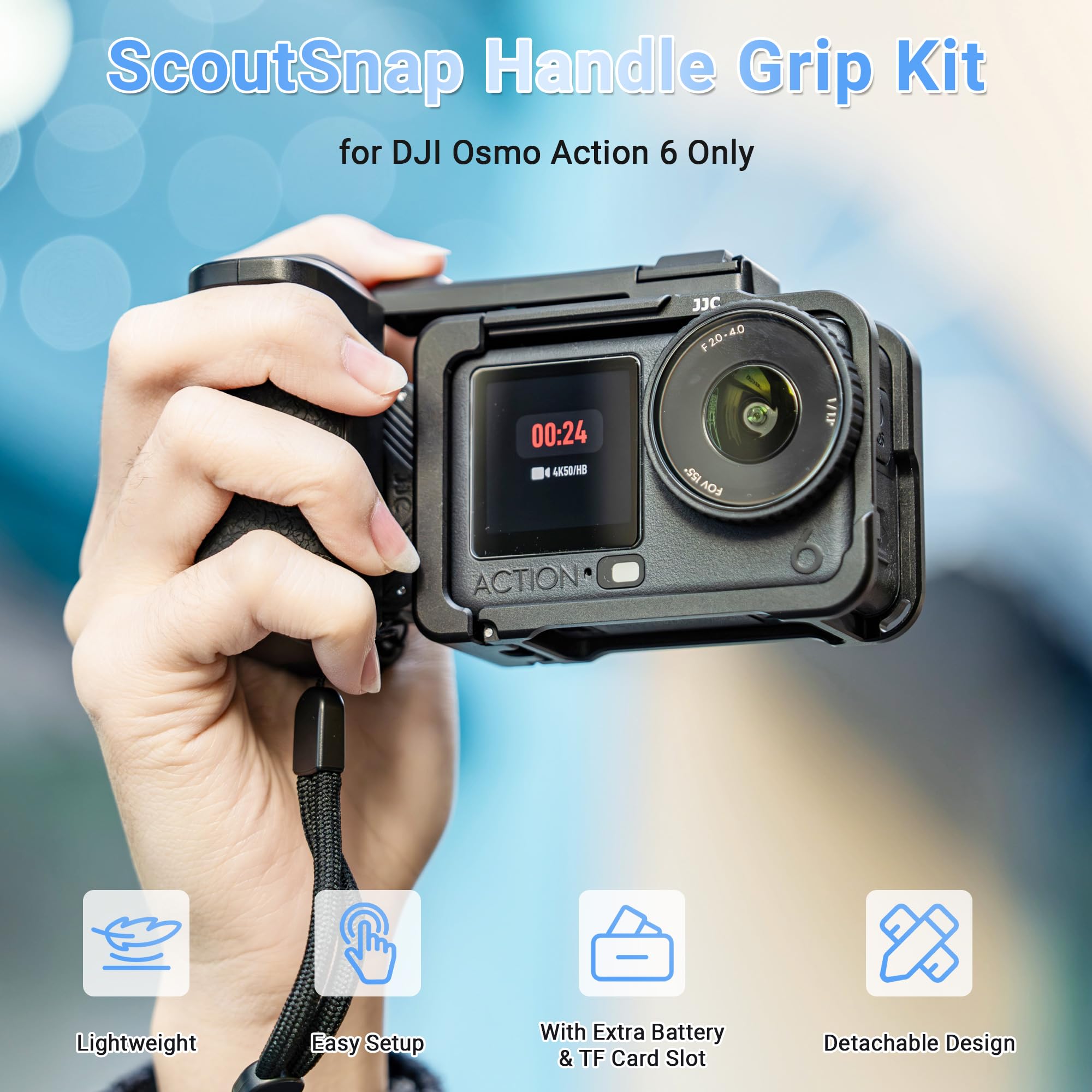 JJC Kit de agarre de calle Osmo Action 6 Cage de aluminio, marco de metal para DJI Osmo Action 6, cubierta protectora con tapa de lente y correa de muñeca, juego de accesorios para cámara de acción