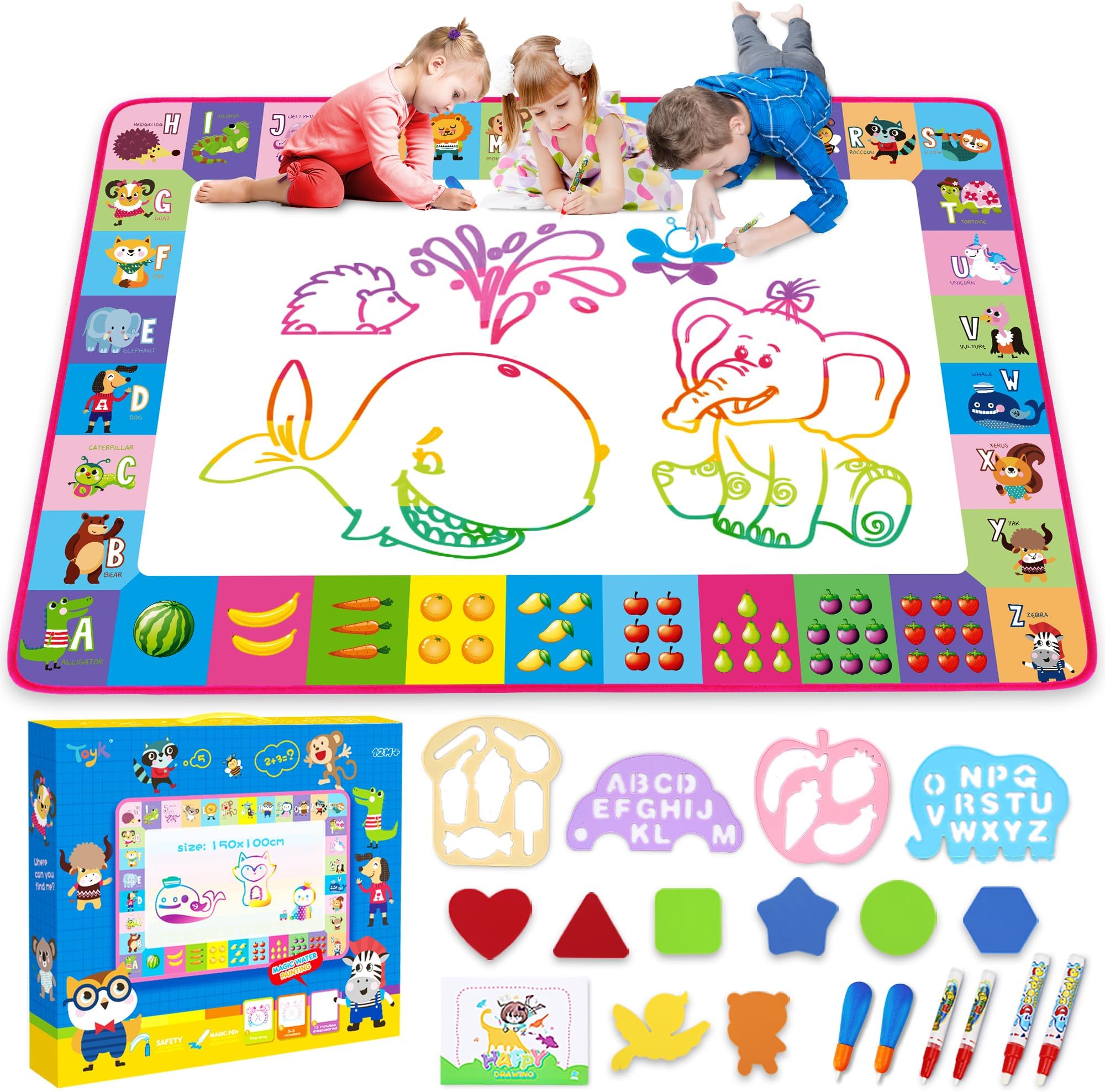 Water Doodle Mat - Kids Painting Writing Doodle Toy Board - Color Doodle Drawing Mat Bring Magic Pens Educational Toys for Age 3 4 5 6 7 8 9 10 11 12 Year Old Girls Boys Age Toddler Gift (Pink)