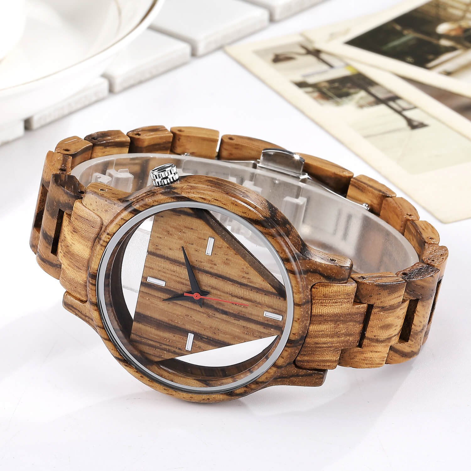 Relojes de madera de bambú para hombre, ligero, triangular, reloj de madera para hombre, de cuarzo, minimalista, caja de regalo, Amarillo, Movimiento de cuarzo