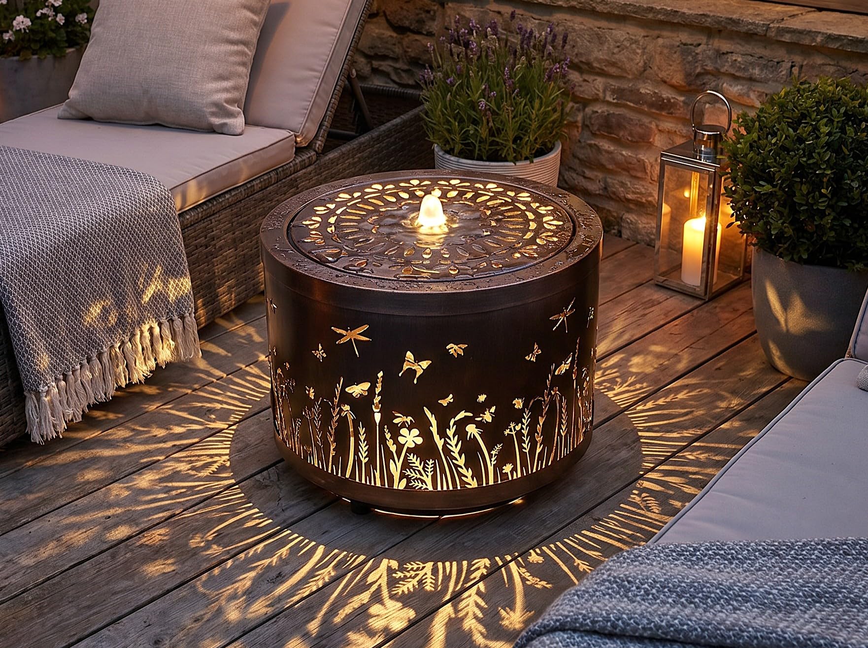 Gartenbrunnen mit LED Beleuchtung aus Metall runder Springbrunnen Wasserspiel Gartendeko