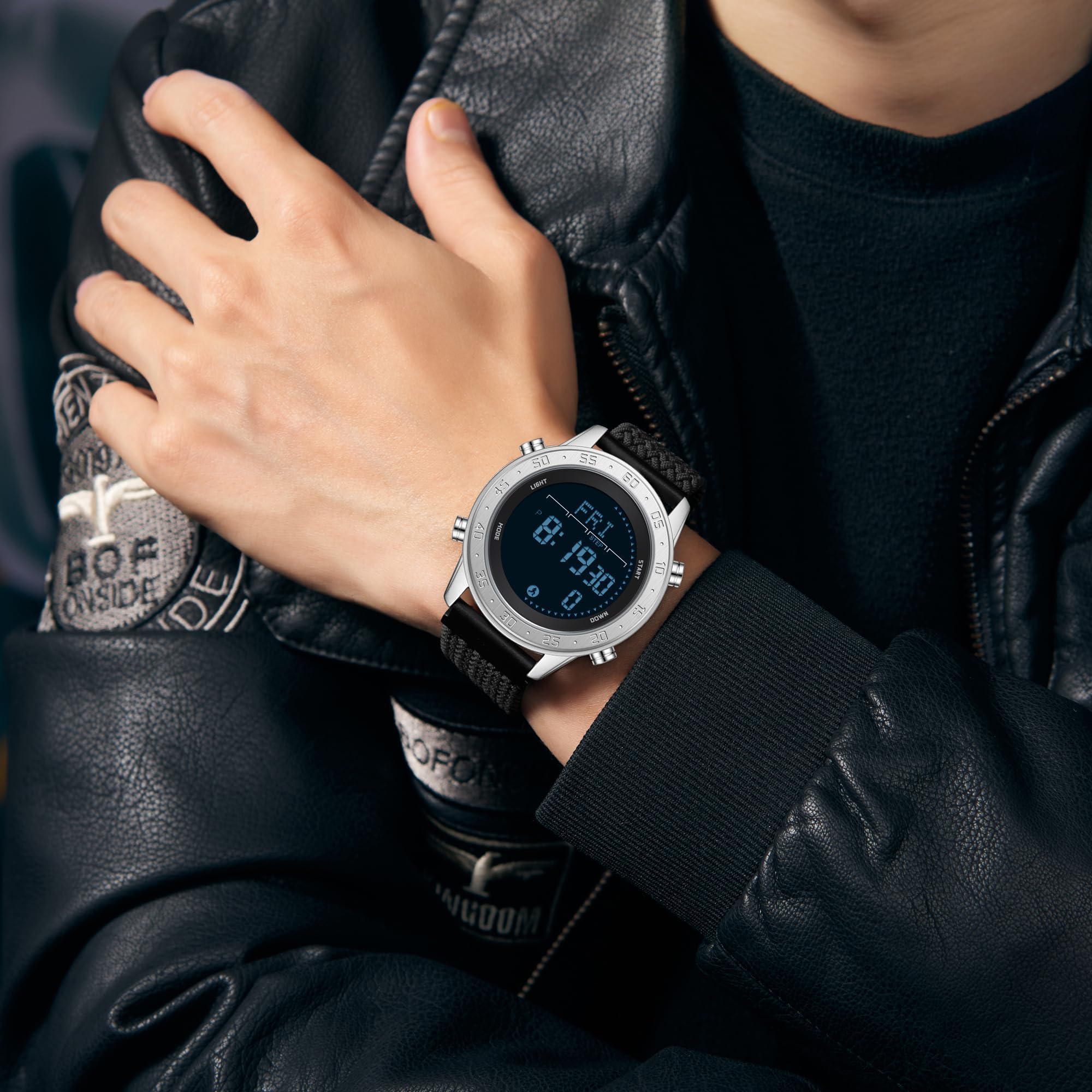 Montre militaire pour homme - Podomètre - Compteur de pas - Bracelet en nylon - Étanche - Affichage des calories - Métronome - Double temps - Chronomètre LED - Sans Bluetooth - Sans application