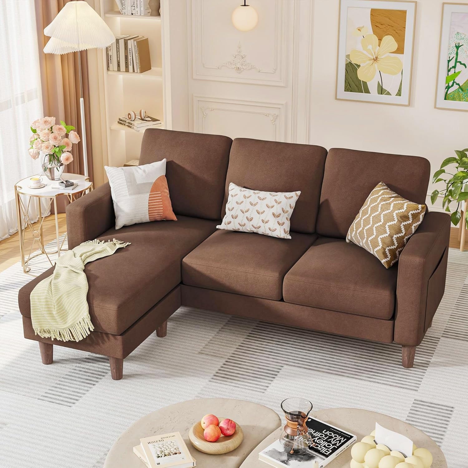 Photo 1 of Homall Convertible Sectional Sofa 3 Seat L Shaped Couch with Side Storage Pocket, Sofas with Movable Ottoman, Small Linen Couches for Living Room & Apartment (Linen Fabric, Brown)
