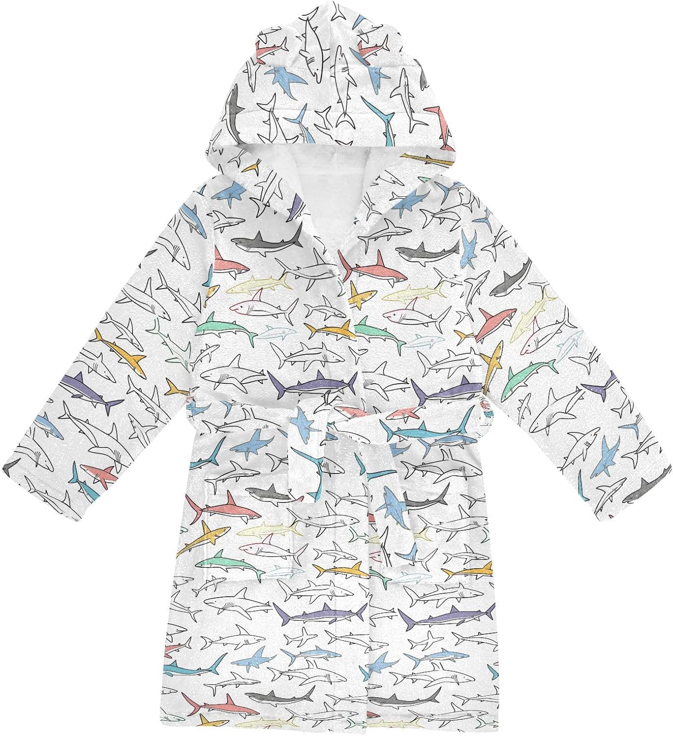 senya Many Drawing Sharks Toddler Hooded Bathrobe Kids Soft Plush Bath Towel Robes for Boys Girls 2-12 Years