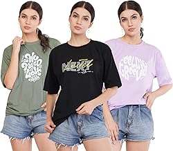 BeTrost Women Printed Round Neck Oversized Baggy Fit Loose Fit, Round Neck, Drop Shoulder, Pack of 3