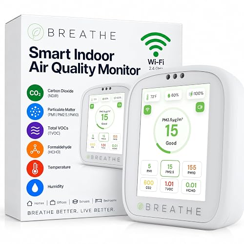 BREATHE Airmonitor Plus Indoor Air Quality Monitor w/CO₂, PM & App. Gen 2. | Professional-Grade NDIR Sensor, PM1, PM10, TVOC, Formaldehyde, Smart Alerts, 90-Day History, CSV Export. 6 Hour Battery Life.