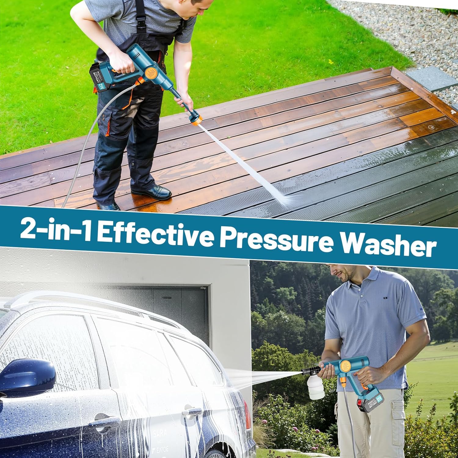 Portable Cordless Pressure Washer, Battery Powered Power Washer Car Wash Gun with 6-in-1 Nozzle & Foam Cannon, Handheld High Pressure Cleaner for Car, Driveway, Patio, Garden, RV