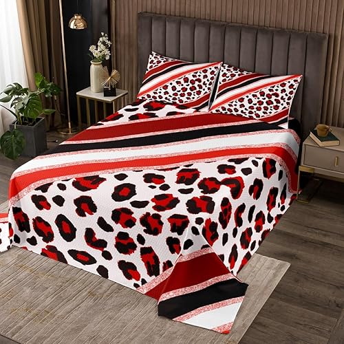 Colcha para niños con estampado de leopardo rojo, tamaño individual, juego de colcha abstracta con purpurina de piel de guepardo, decoración de