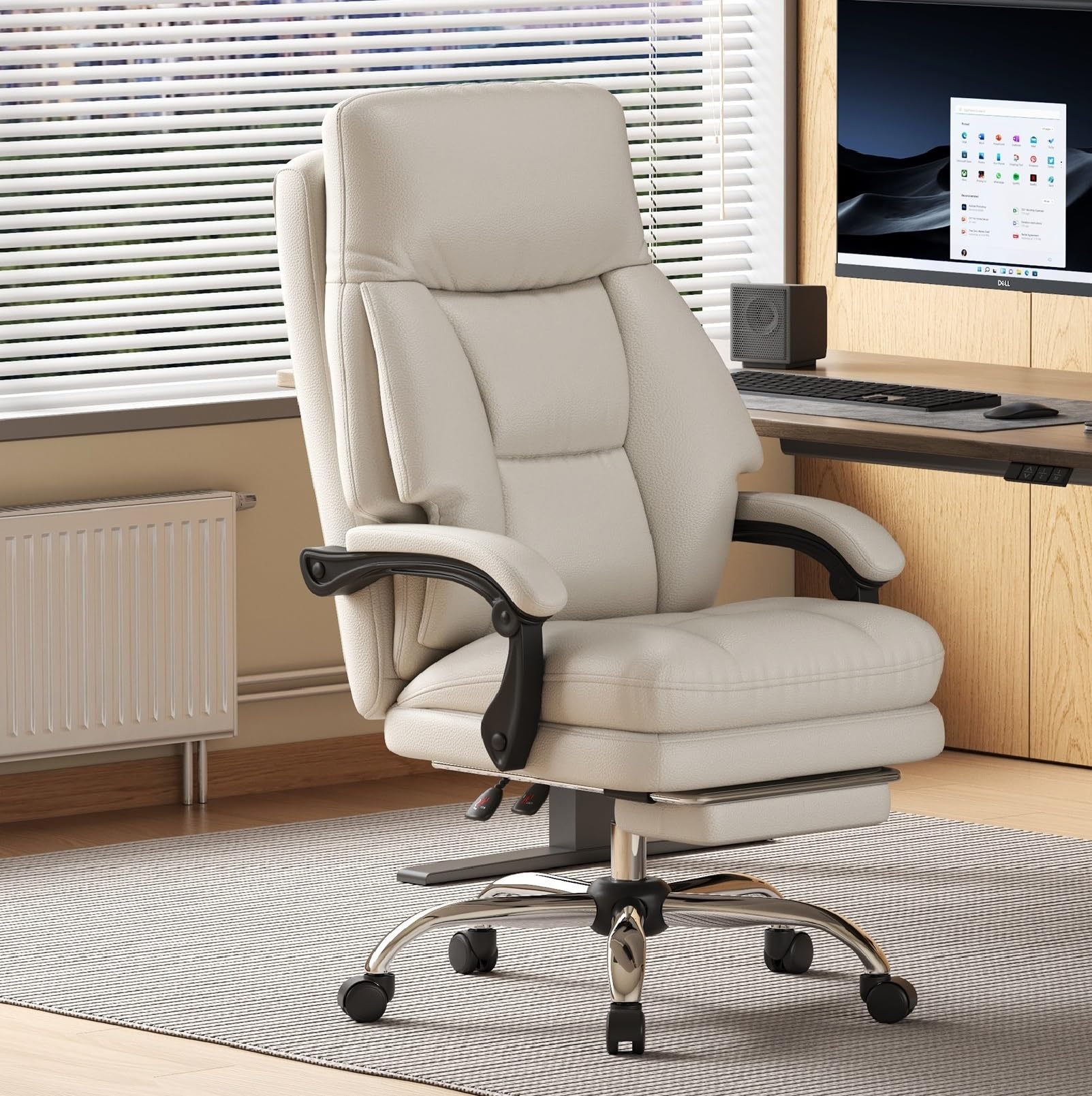 Home Office Desk Chair, 90°-160° Reclining, High Back Executive OfficeChair 400LBS with Footrest, Ergonomic Scratch-Resistant Faux Leather Computer Gaming Chair with Lumbar Support, White