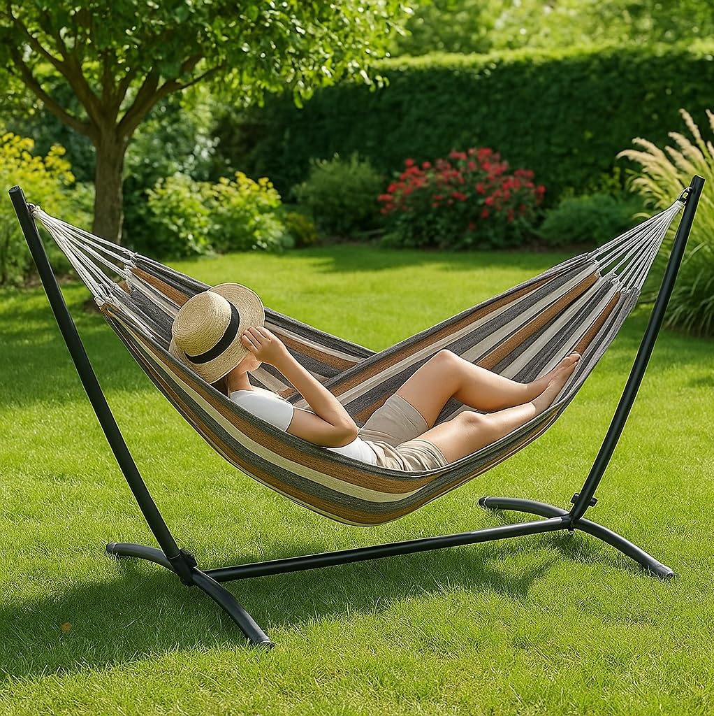 Amaca per Due Persone con Supporto Struttura in Metallo in Tessuto Resistente da Giardino Terrazza Piscina Esterno Campeggio con Borsa da trasporto, 117 x 300 x 100 cm