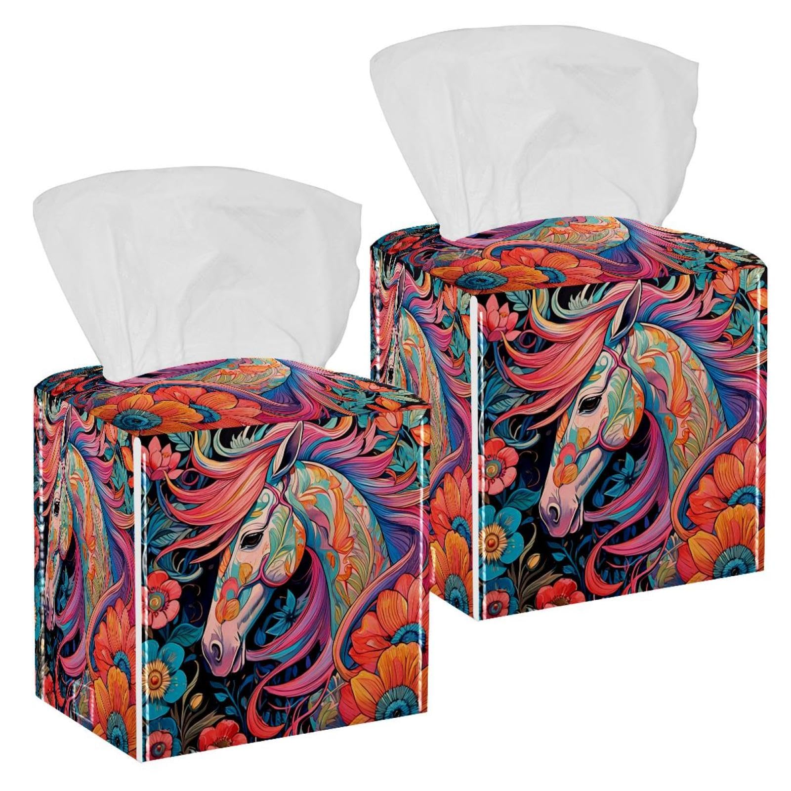 Drawing Horse Tissue Box Cover, 2 Pack PU Leather Square Facial Tissue Dispenser Box holder for Home Office Car