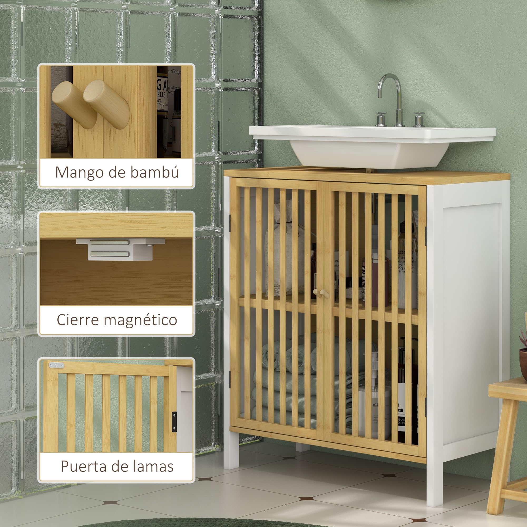 HOMCOM Mueble para Debajo del Lavabo Armario de Almacenamiento Bajo Lavabo de Bambú con Estante Ajustable y Puerta Doble Carga 30 kg 60x30x70 cm Blanco y Natural
