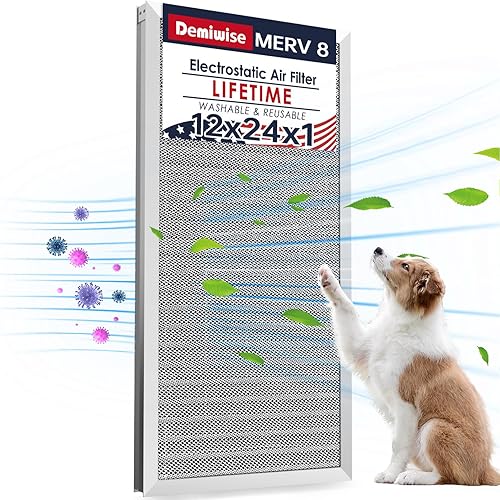 Demiwise 12x24x1 Electrostatic Air Filter, 8 Stage Washable Aluminum AC/HVAC Furnace Filter, Reusable Permanent Air Filter, Lasts a Lifetime, Easy to Install, Healthier Home/Office Environment
