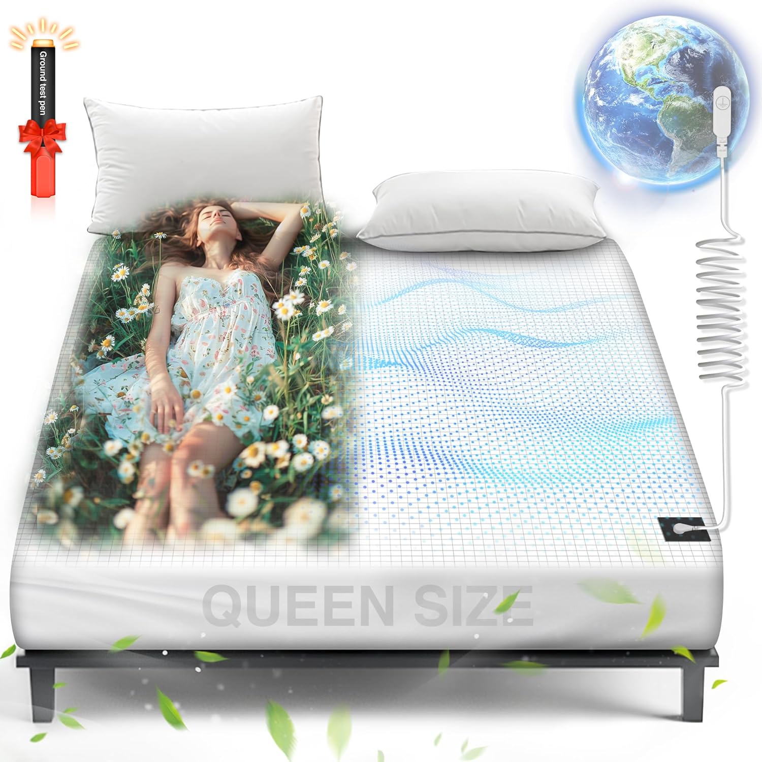 AsmrCap Grounding Sheets Queen, 95% Organic Cotton+ 5% Pure Silver Fiber, Grounded Sheets with Grounding Cord, Bed Grounding Kit for Healthy Sleep Therapy [White 60"x 80"x 13"-Queen]