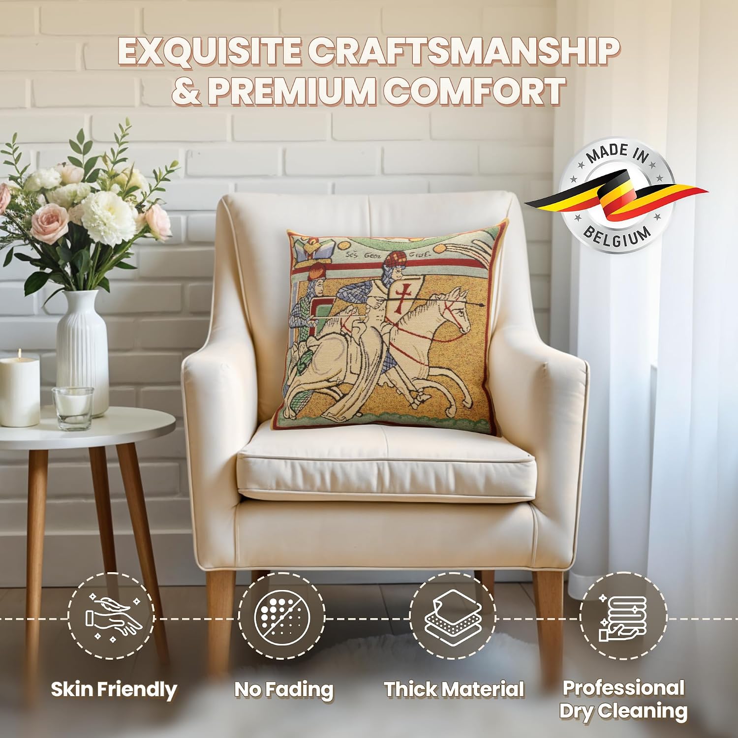 Charlotte Home Furnishings Chevaliers de St.Gregoire Throw Pillow Cover 16" x 16" – Medieval Knight Tapestry Cushion Case for Sofa, Couch, & Bed | Cotton Jacquard Woven in Europe | Insert Not Included