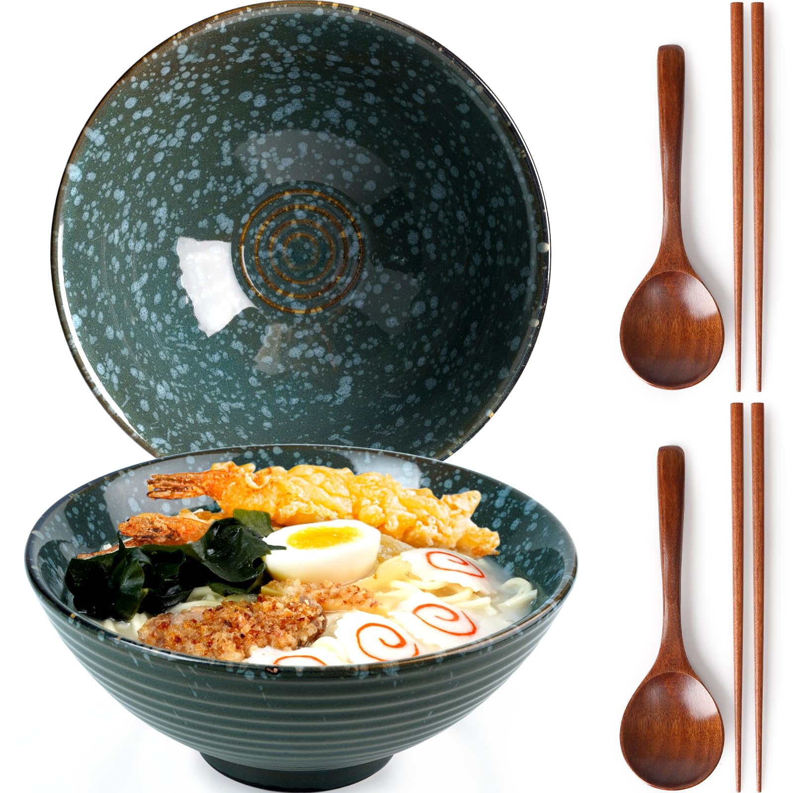 NUTRIUPS 8 Inch Ceramic Ramen Bowl Set of 2 Pho Bowls Japanese Noodle Udon Soup Bowls with Spoons and Chopsticks (Emerald)