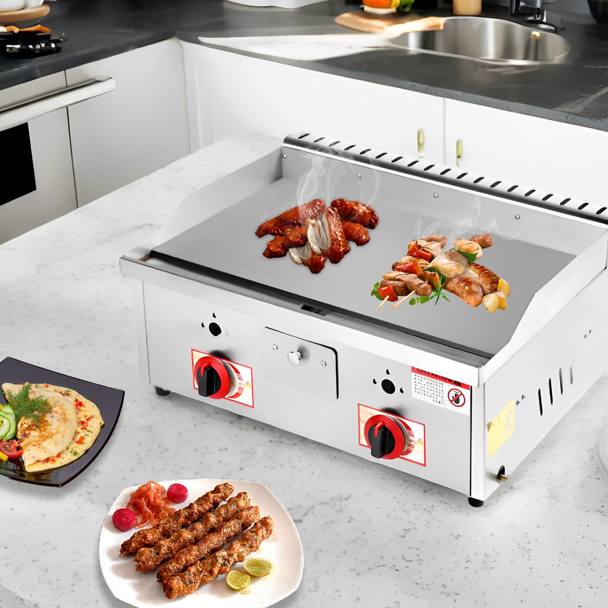 Professionale Piastra a Gas Portatile Ferro Acciaio Inox Piastra Antiaderente 55 x 35 cm Protezione Antischizzi Cassetto Scarico per Grasso Adatto per Ristoranti Bar Camping (55 X 35cm)