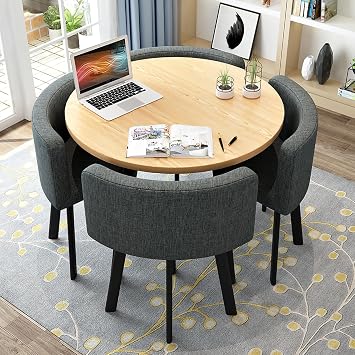 5-Piece Modern Dining Table Set for 4, Round Kitchen Table and Chairs with Upholstered Chairs & Metal Frame, Space-Saving Dining Furniture Set for Living Room, Kitchen