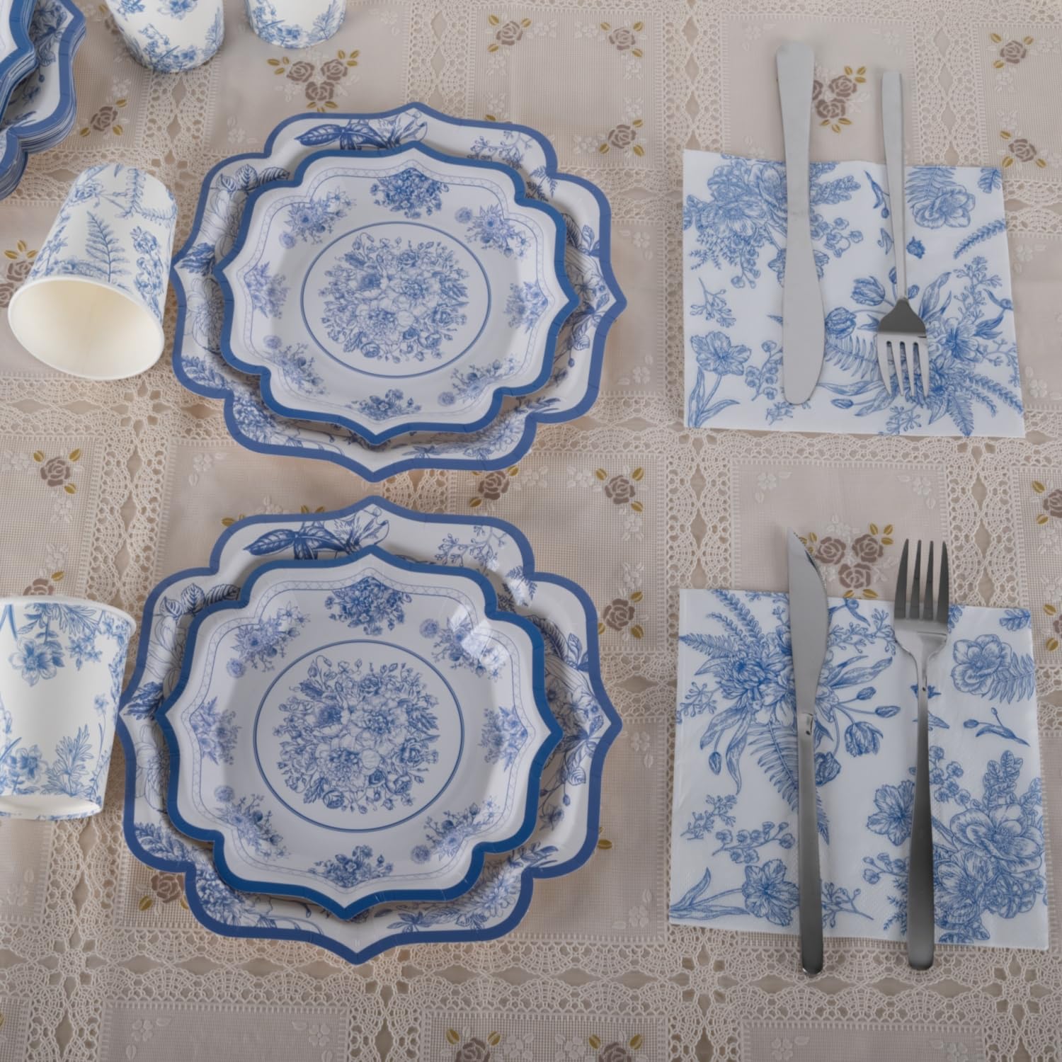 Stoviglie eleganti in cartone blu e bianco per 30 ospiti – Piatti, Asciugamani e Tazze – Tè, Compleanni