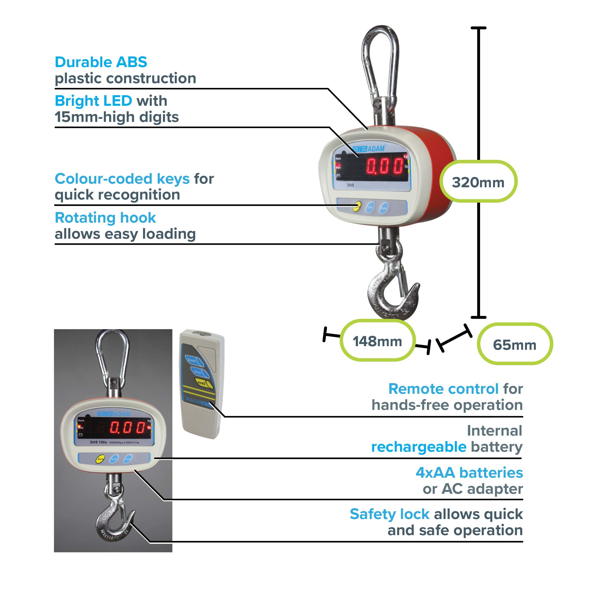 AE ADAM SHS 150 Crane Hanging Scale, 150 kg Capacity, 20 g Readability - Image 2